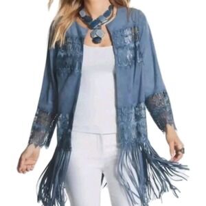 Chicos 2 Womens Large Fringe Jacket Blue Faux Suede Lace Western Boho Festival